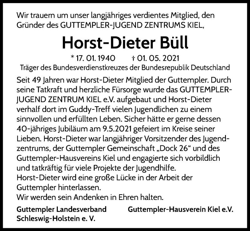 Traueranzeige für Horst-Dieter Büll vom 08.05.2021 aus Kieler Nachrichten