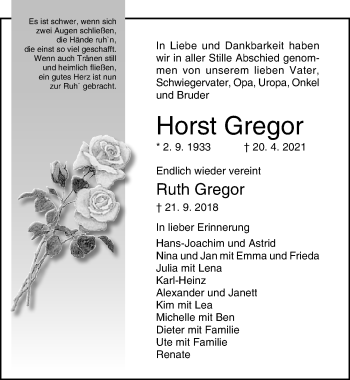 Traueranzeige von Horst Gregor von Lübecker Nachrichten