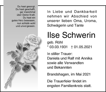 Traueranzeige von Ilse Schwerin von Ostsee-Zeitung GmbH