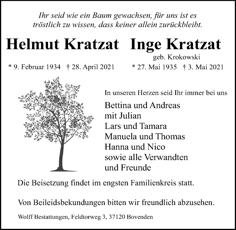  Traueranzeige für Inge Kratzat vom 06.05.2021 aus Göttinger Tageblatt