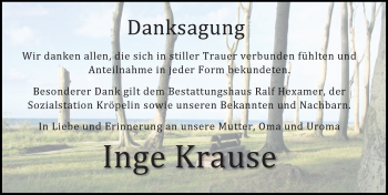 Traueranzeige von Inge Krause von Ostsee-Zeitung GmbH