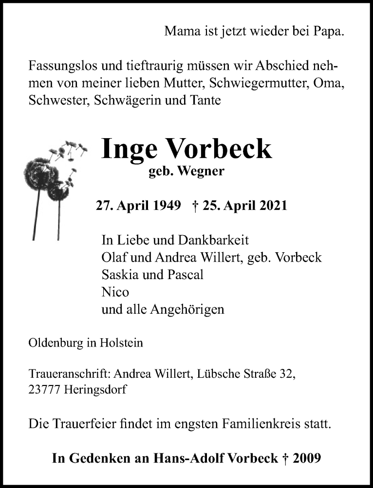  Traueranzeige für Inge Vorbeck vom 05.05.2021 aus Lübecker Nachrichten