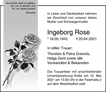 Traueranzeige von Ingeborg Rose von Ostsee-Zeitung GmbH