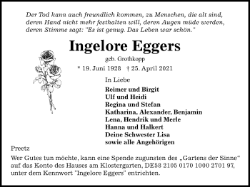 Traueranzeige von Ingelore Eggers von Kieler Nachrichten