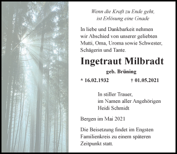 Traueranzeige von Ingetraut Milbradt von Ostsee-Zeitung GmbH