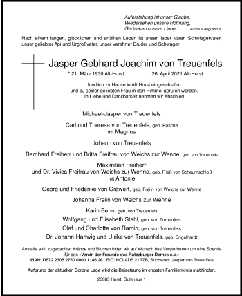 Traueranzeige von Jasper Gebhard Joachim von Treuenfels von Lübecker Nachrichten