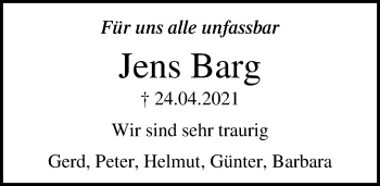 Traueranzeige von Jens Barg von Lübecker Nachrichten