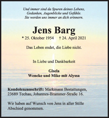 Traueranzeige von Jens Barg von Lübecker Nachrichten