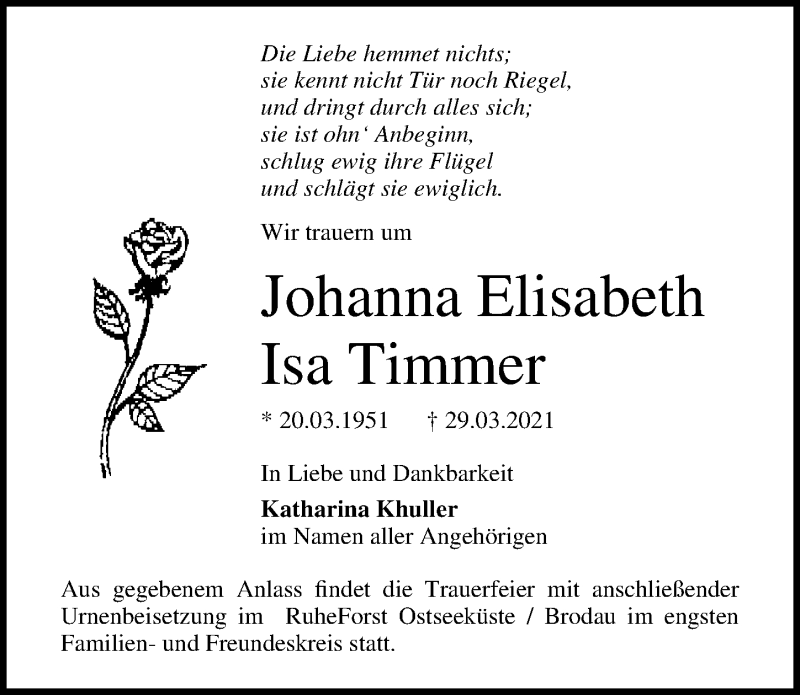  Traueranzeige für Johanna Elisabeth Isa Timmer vom 09.05.2021 aus Lübecker Nachrichten