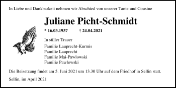 Traueranzeige von Juliane Picht-Schmidt von Ostsee-Zeitung GmbH