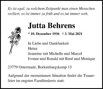 Traueranzeige von Jutta Behrens von Lübecker Nachrichten