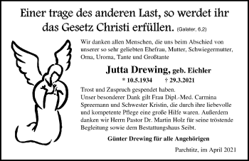 Traueranzeige von Jutta Drewing von Ostsee-Zeitung GmbH
