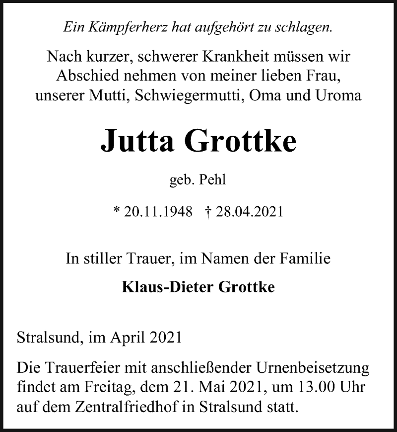  Traueranzeige für Jutta Grottke vom 08.05.2021 aus Ostsee-Zeitung GmbH