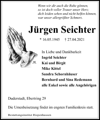 Traueranzeige von Jürgen Seichter von Eichsfelder Tageblatt
