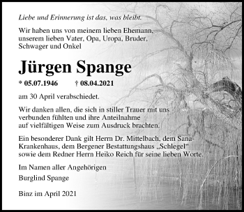 Traueranzeige von Jürgen Spange von Ostsee-Zeitung GmbH
