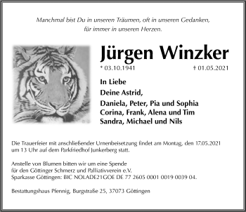 Traueranzeige von Jürgen Winzker von Göttinger Tageblatt