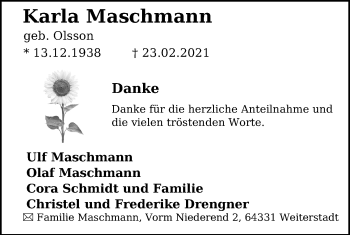 Traueranzeige von Karla Maschmann von Hannoversche Allgemeine Zeitung/Neue Presse