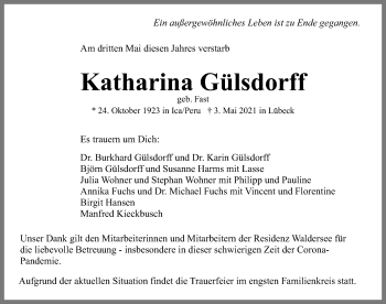 Traueranzeige von Katharina Gülsdorff von Lübecker Nachrichten