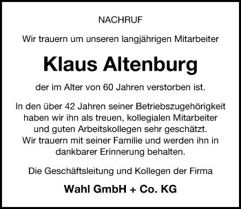 Traueranzeige von Klaus Altenburg von Hannoversche Allgemeine Zeitung/Neue Presse