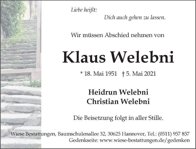  Traueranzeige für Klaus Welebni vom 08.05.2021 aus Hannoversche Allgemeine Zeitung/Neue Presse