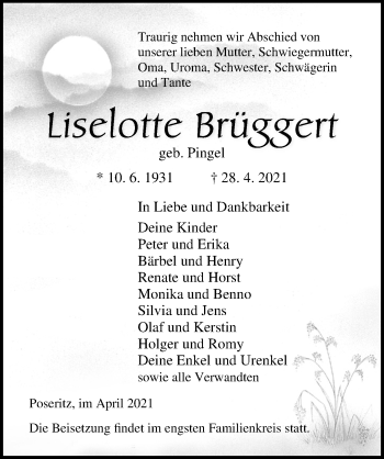 Traueranzeige von Liselotte Brüggert von Ostsee-Zeitung GmbH