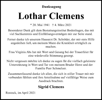 Traueranzeige von Lothar Clemens von Ostsee-Zeitung GmbH