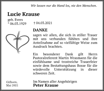 Traueranzeige von Lucie Krause von Aller Zeitung