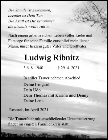 Traueranzeige von Ludwig Ribnitz von Ostsee-Zeitung GmbH