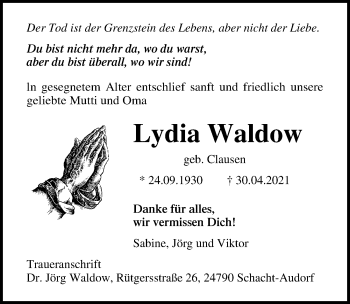 Traueranzeige von Lydia Waldow von Lübecker Nachrichten