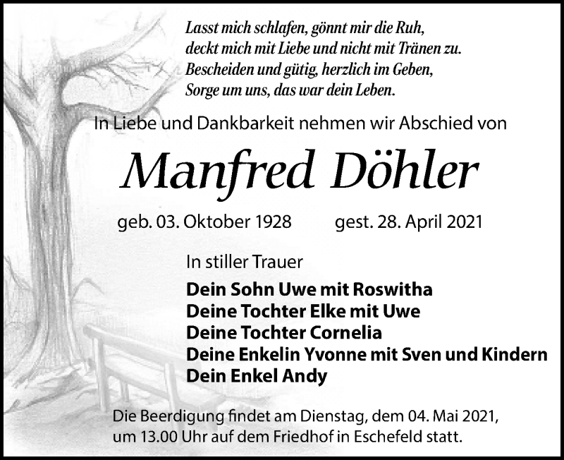  Traueranzeige für Manfred Döhler vom 03.05.2021 aus Leipziger Volkszeitung