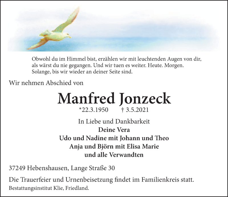 Traueranzeige für Manfred Jonzeck vom 08.05.2021 aus Göttinger Tageblatt