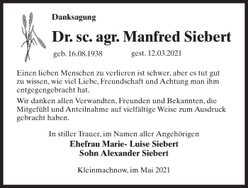 Traueranzeige von Manfred Siebert von Märkischen Allgemeine Zeitung