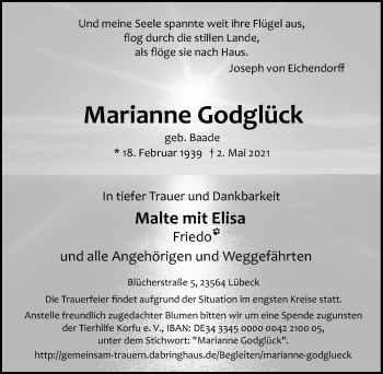 Traueranzeige von Marianne Godglück von Lübecker Nachrichten