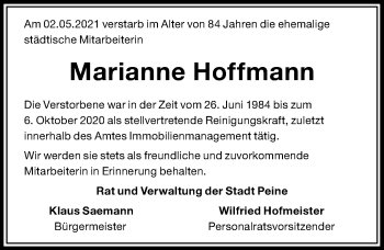 Traueranzeige von Marianne Hoffmann von Peiner Allgemeine Zeitung