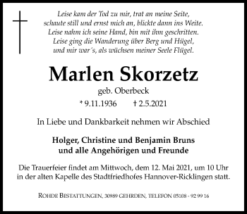 Traueranzeige von Marlen Skorzetz von Hannoversche Allgemeine Zeitung/Neue Presse