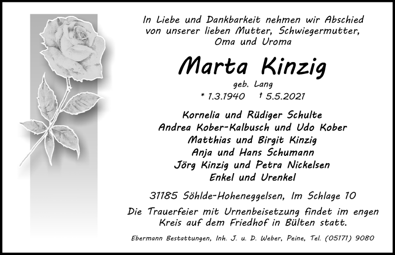 Traueranzeige für Marta Kinzig vom 08.05.2021 aus Peiner Allgemeine Zeitung