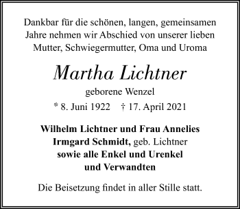 Traueranzeige von Martha Lichtner von Ostsee-Zeitung GmbH