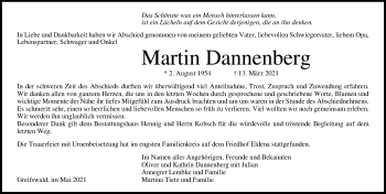 Traueranzeige von Martin Dannenberg von Ostsee-Zeitung GmbH