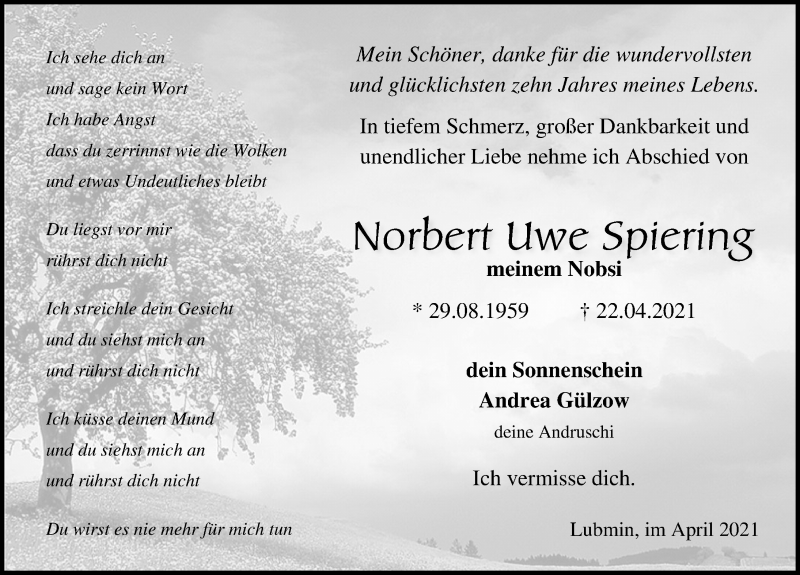  Traueranzeige für Norbert Uwe Spiering vom 08.05.2021 aus Ostsee-Zeitung GmbH