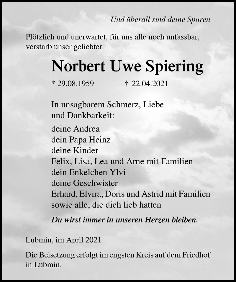  Traueranzeige für Norbert Uwe Spiering vom 08.05.2021 aus Ostsee-Zeitung GmbH