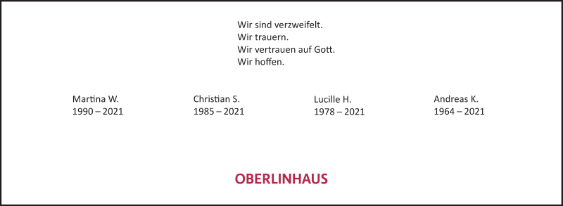  Traueranzeige für Oberlinhaus trauert um  vom 06.05.2021 aus Märkischen Allgemeine Zeitung