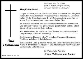 Traueranzeige von Otto Thillmann von Ostsee-Zeitung GmbH