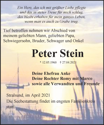 Traueranzeige von Peter Stein von Ostsee-Zeitung GmbH