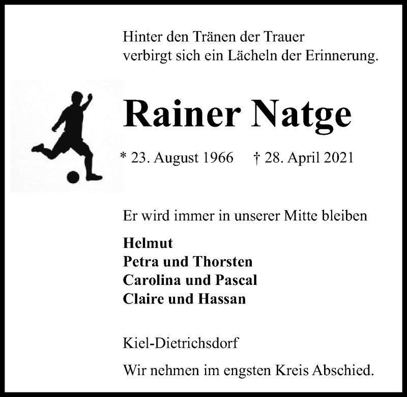  Traueranzeige für Rainer Natge vom 08.05.2021 aus Kieler Nachrichten