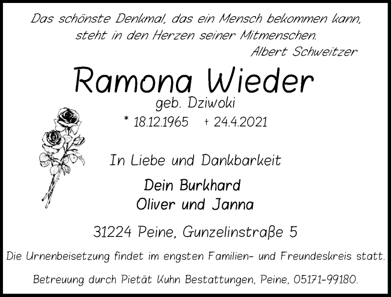  Traueranzeige für Ramona Wieder vom 08.05.2021 aus Peiner Allgemeine Zeitung