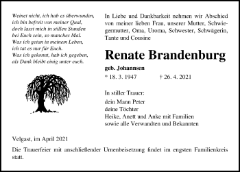 Traueranzeige von Renate Brandenburg von Ostsee-Zeitung GmbH