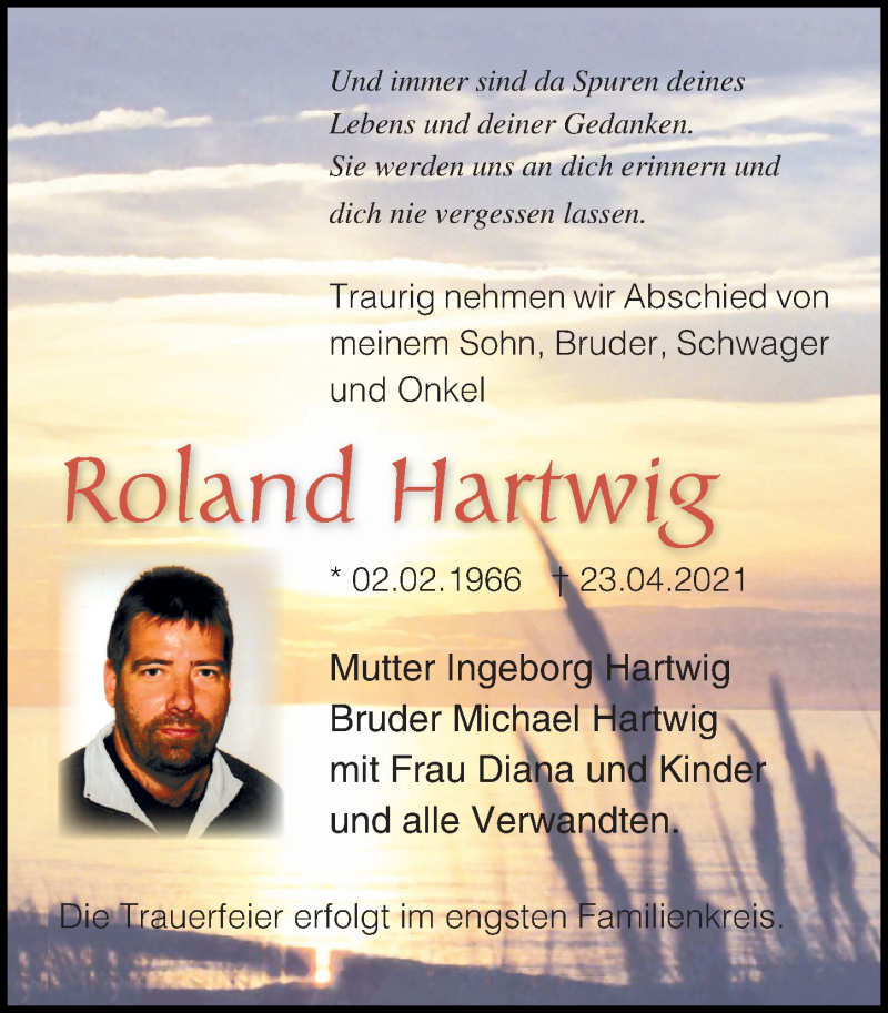 Traueranzeige für Roland Hartwig vom 08.05.2021 aus Ostsee-Zeitung GmbH