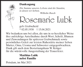 Traueranzeige von Rosemarie Lubk von Märkischen Allgemeine Zeitung