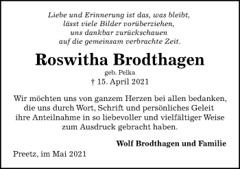 Traueranzeige von Roswitha Brodthagen von Kieler Nachrichten