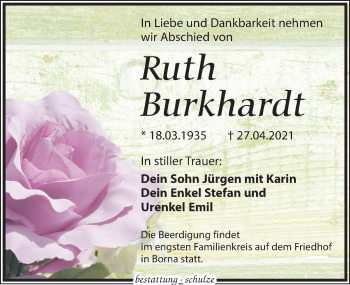 Traueranzeige von Ruth Burkhardt von Leipziger Volkszeitung